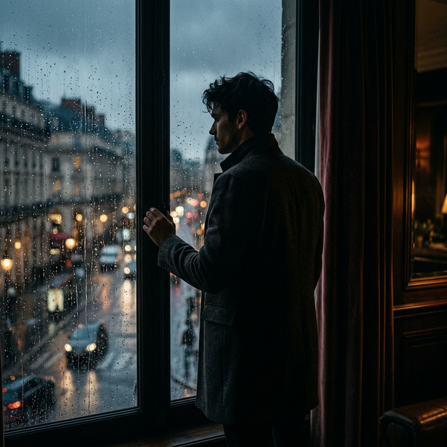 Silhouette at a rainy window
